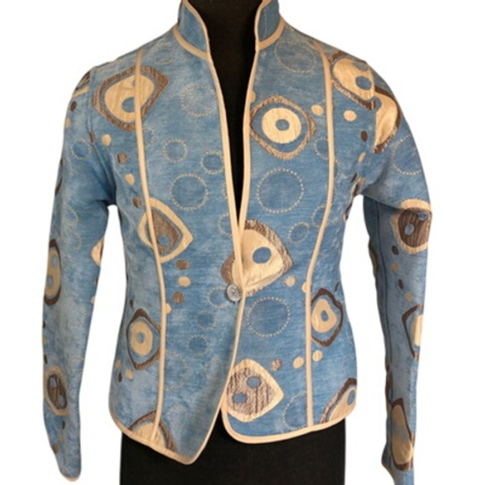 Khangura Womens Jacket Blazer Blue Geometric Embroidered Mandarin Collar USA S